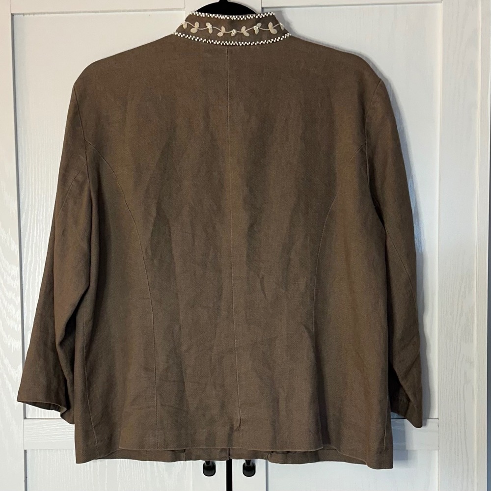Chicos Linen‎ Taupe & Cream Floral Embroidery Jacket Size Large Chicos 2 Boho - Picture 2 of 12